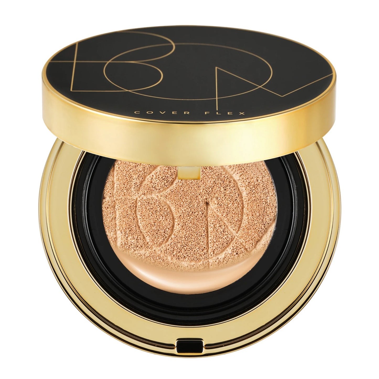 A compact cushion foundation with SPF50+ PA+++ protection, displayed in a gold-colored case with a black lid featuring the brand logo.