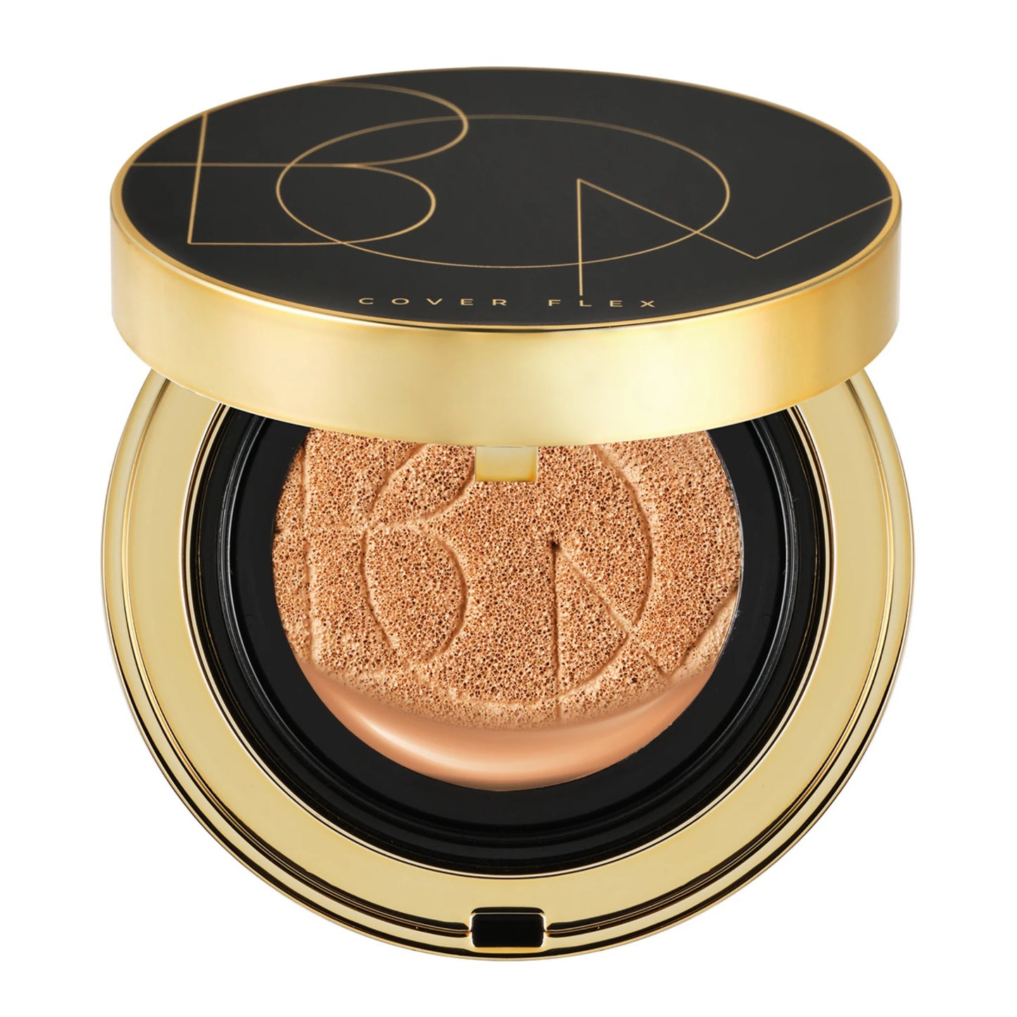 A compact cushion foundation with SPF50+ PA+++ protection, displayed in a gold-colored case with a black lid featuring the brand logo.