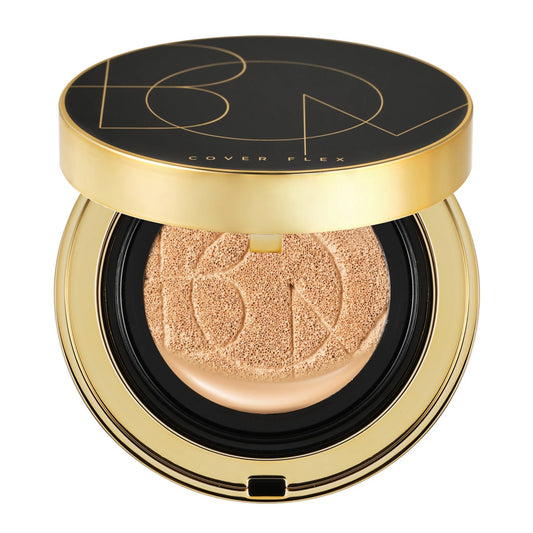 A compact cushion foundation with SPF50+ PA+++ protection, displayed in a gold-colored case with a black lid featuring the brand logo.